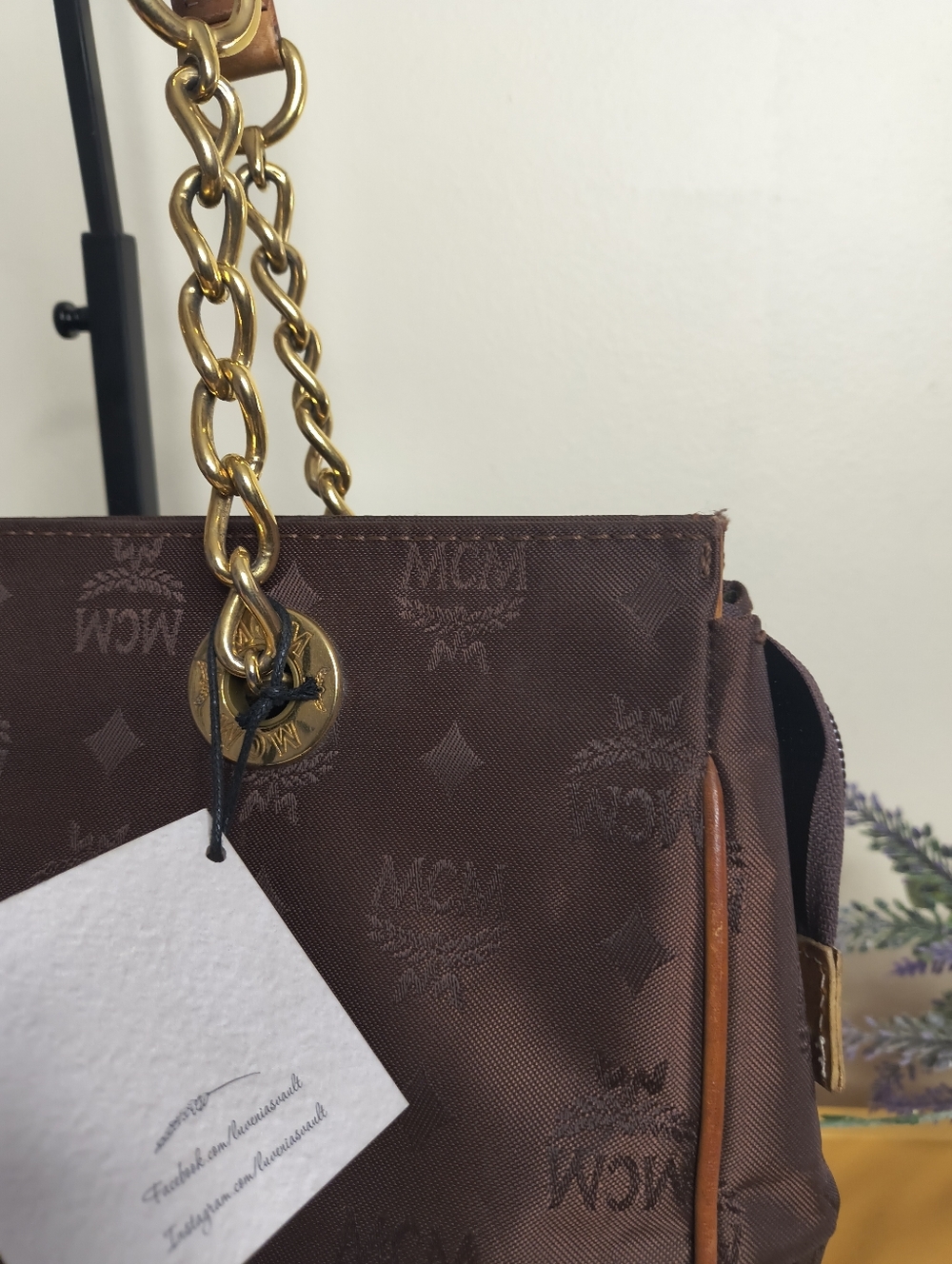 MCM Brown Logo Canvas Shoulder Tote with Gold Chain Handles - Picture 5 of 15